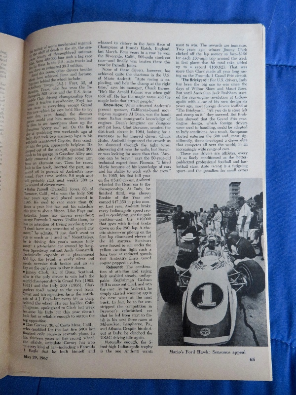 Newsweek Magazine May 29, 1967 The Speed Game: Champion Driver Mario Andretti