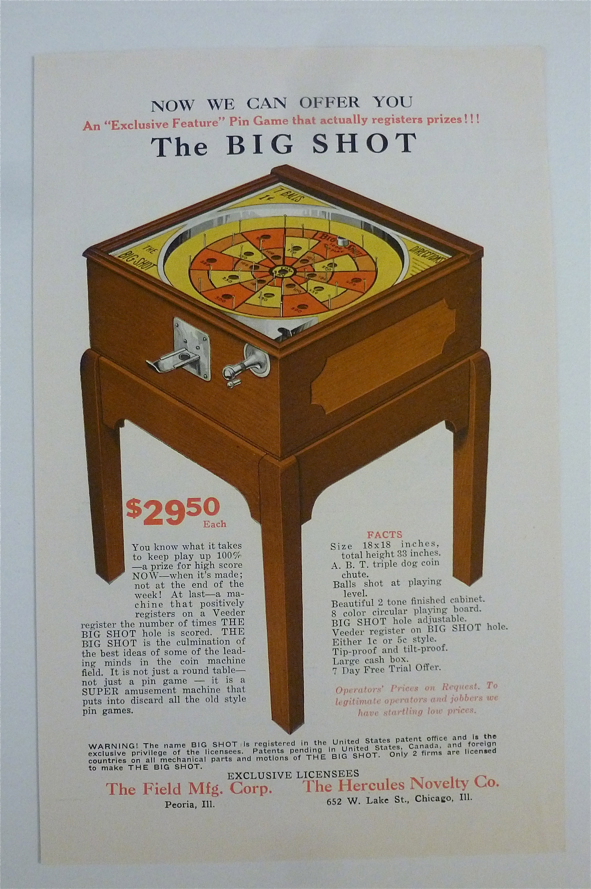 1932 Hercules Novelty with The Big Shot Pin Game