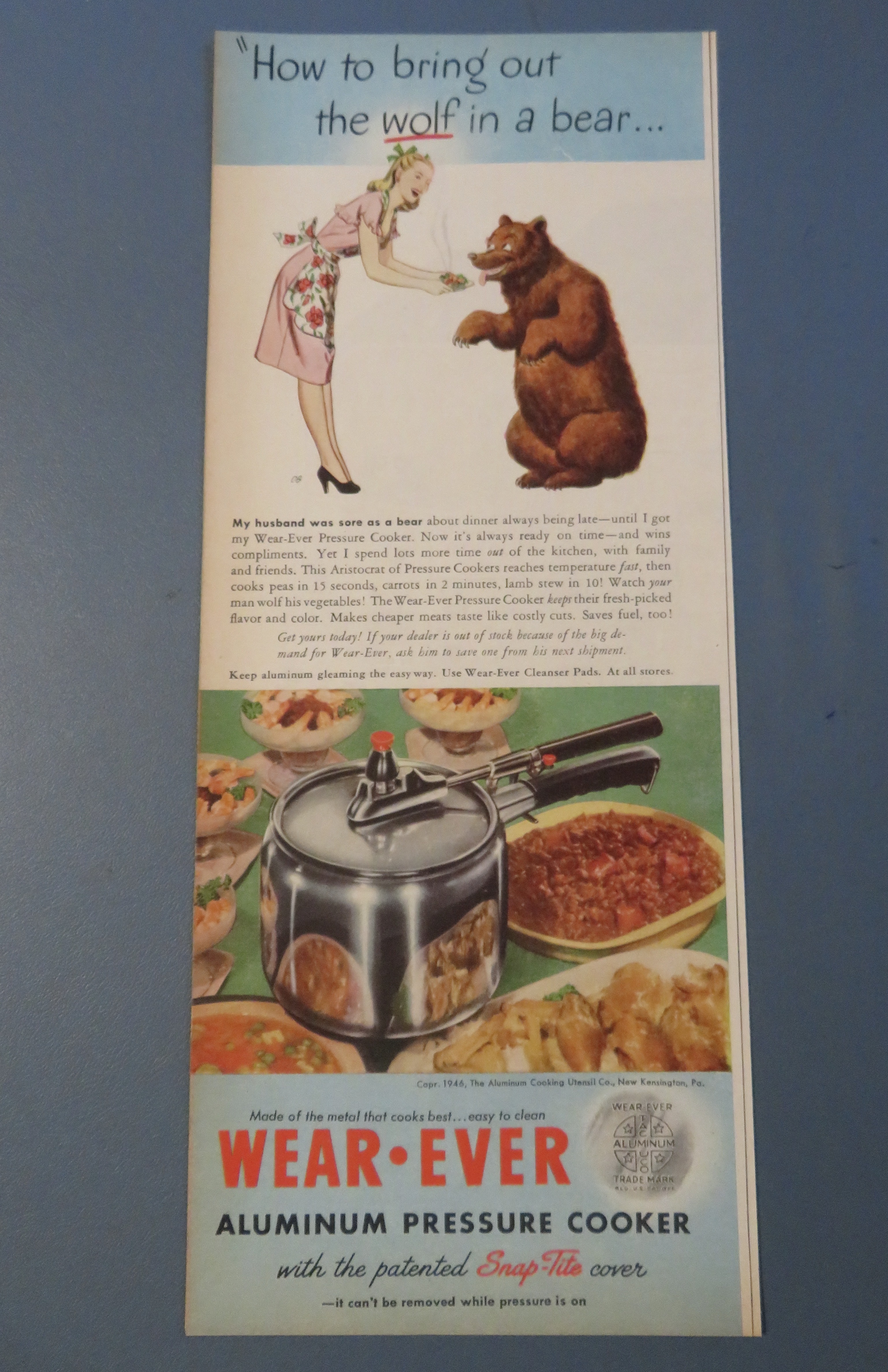 1946 Wear Ever Aluminum Pressure Cooker w/Woman & Bear