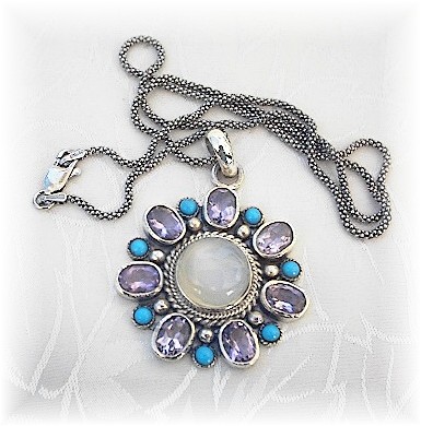 Moonstone Sterling Silver Amethyst Turquoise Necklace