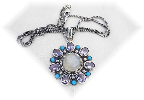 Moonstone Sterling Silver Amethyst Turquoise Necklace
