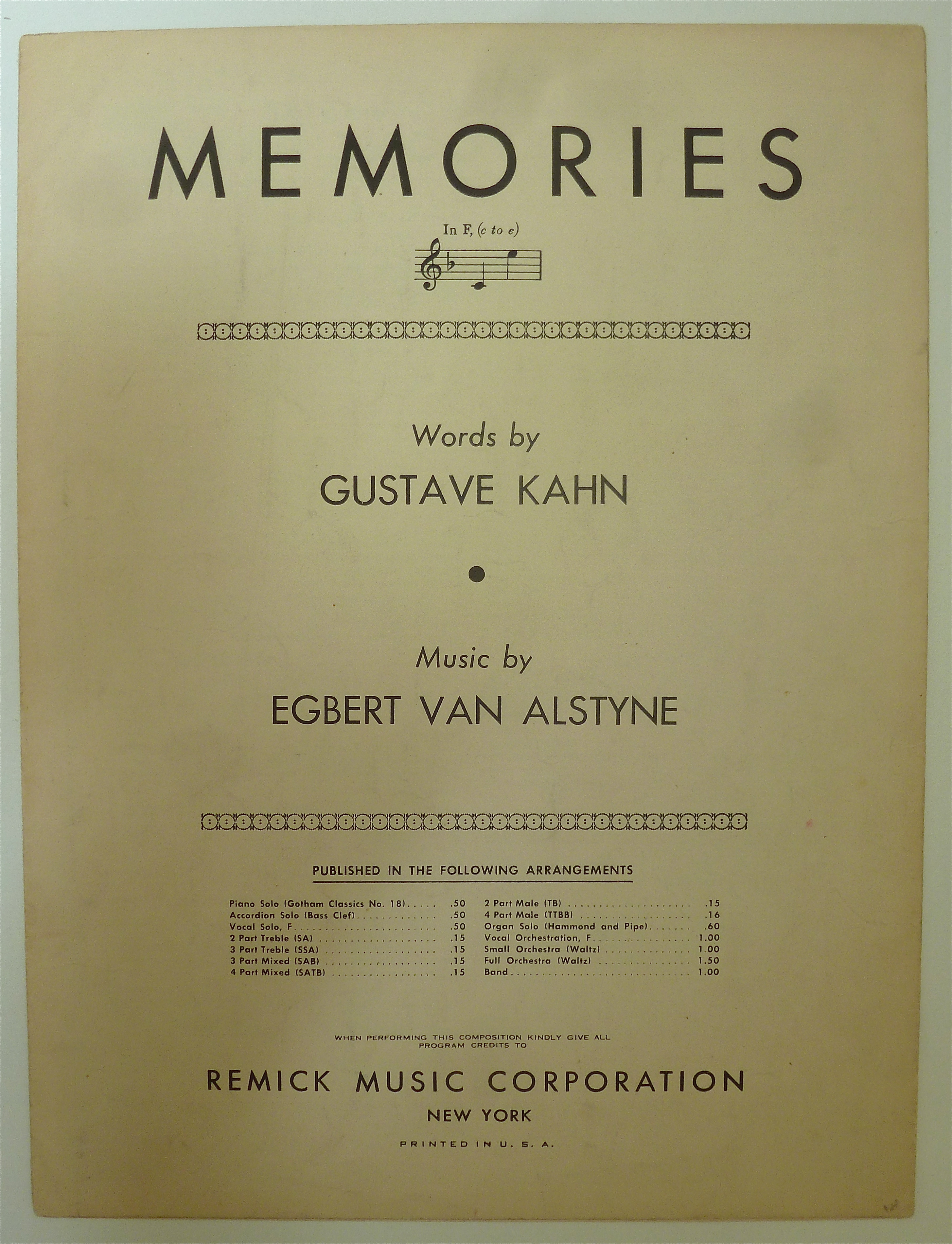 Sheet Music For 1915 Memories