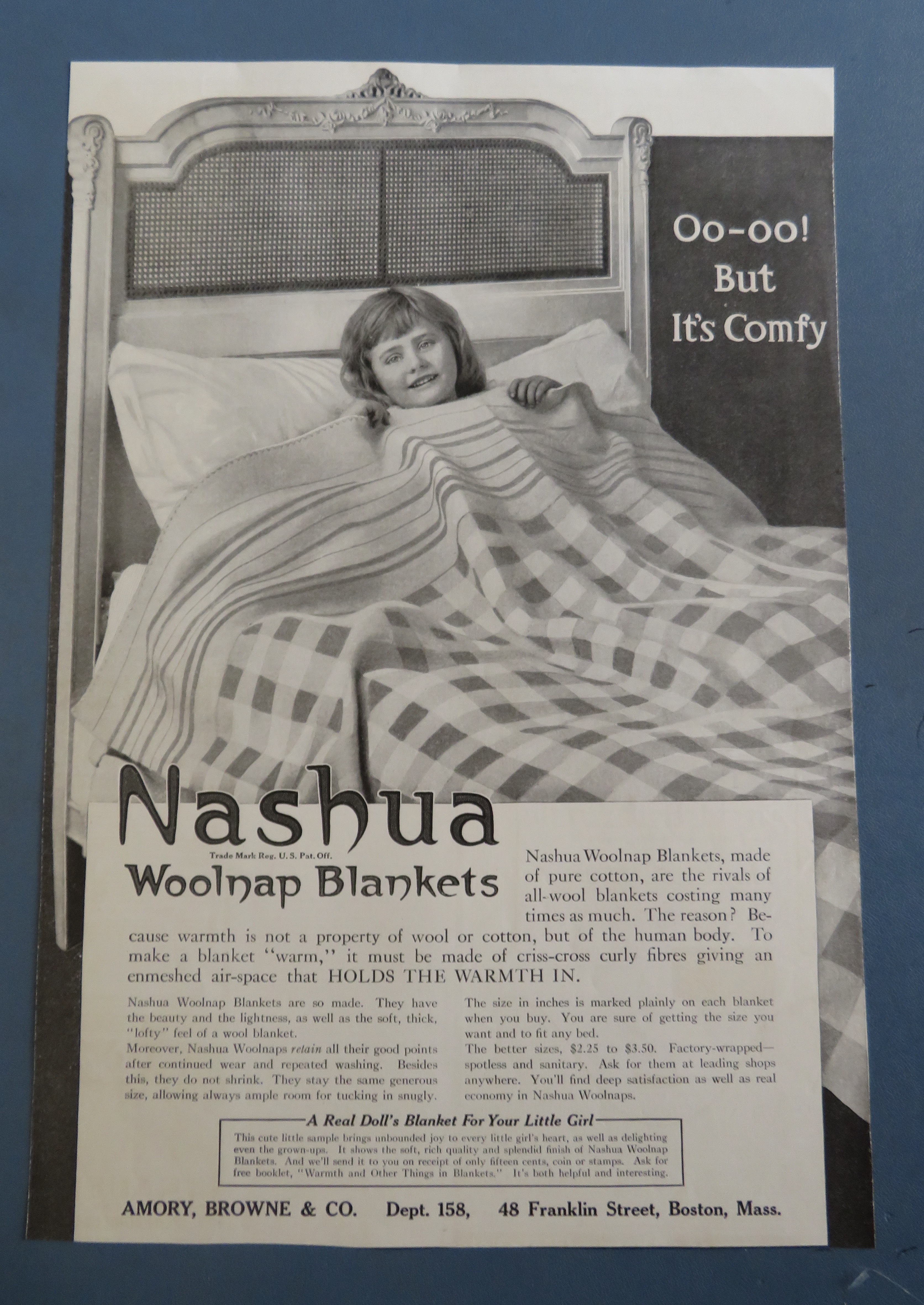 1916 Nashua Woolnap Blanket with Little Girl In Bed