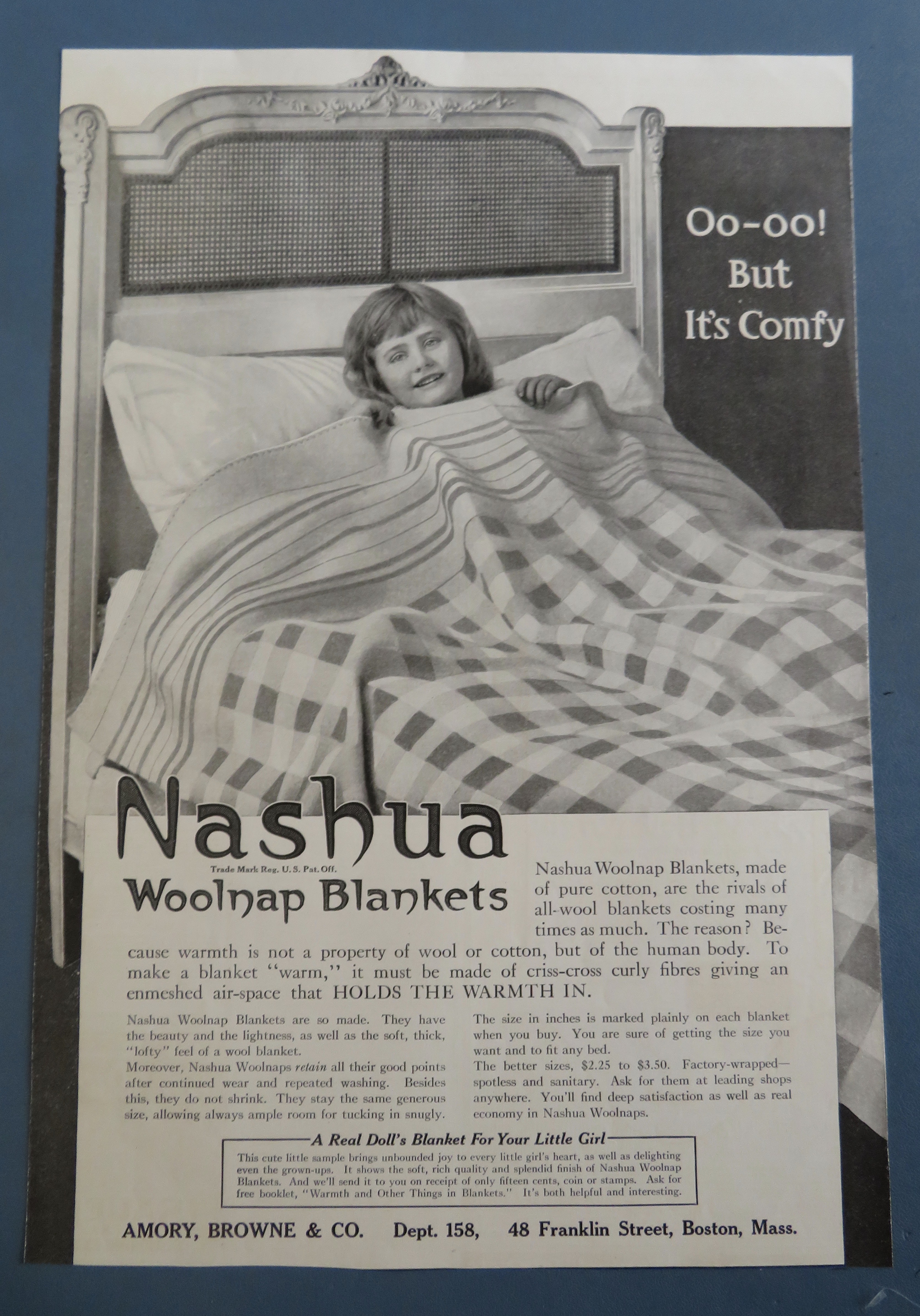 1916 Nashua Woolnap Blanket with Little Girl In Bed