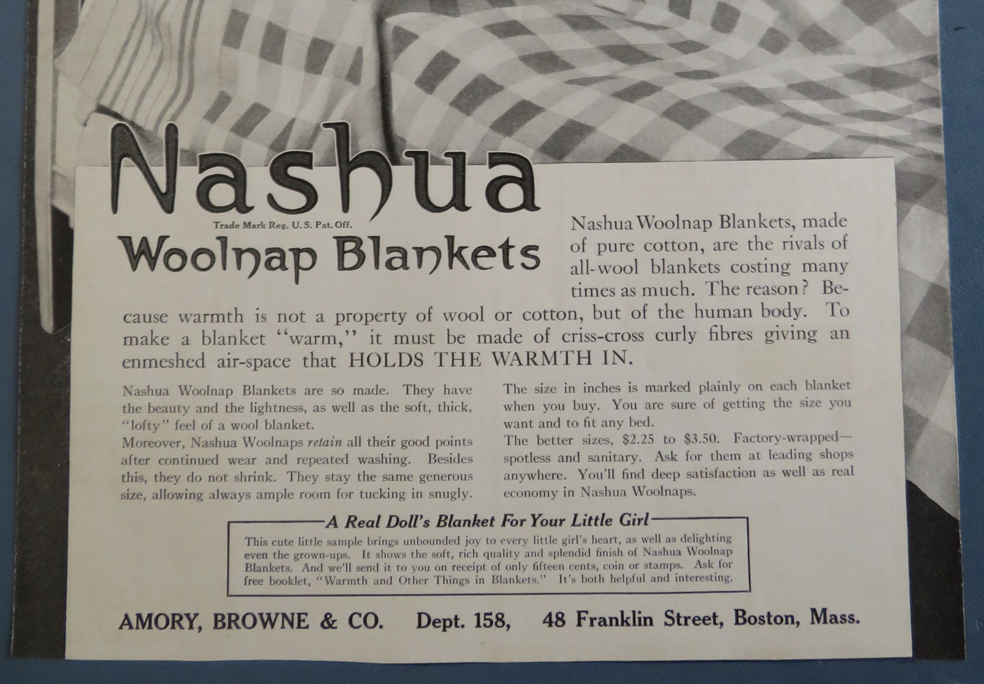 1916 Nashua Woolnap Blanket with Little Girl In Bed