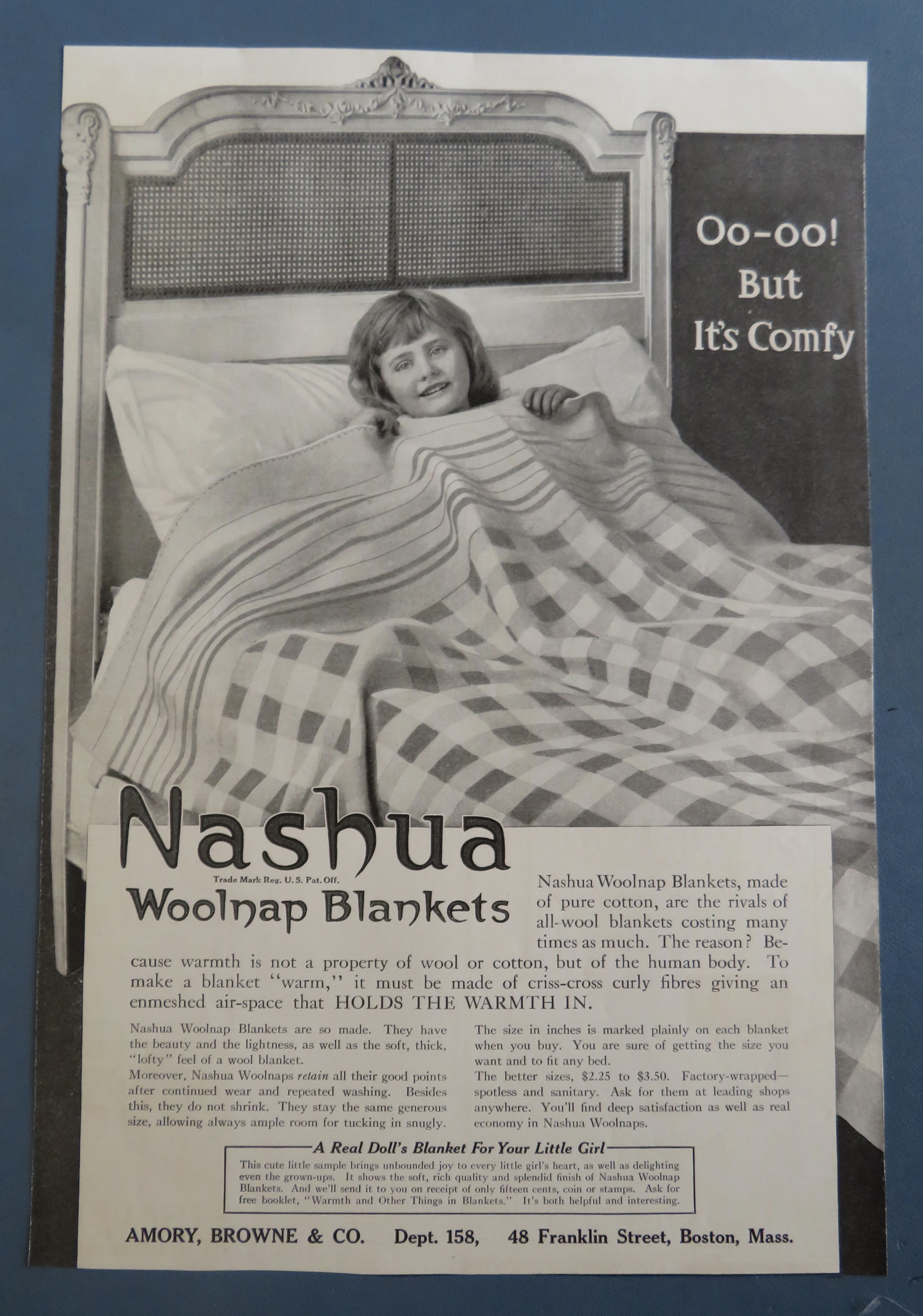 1916 Nashua Woolnap Blanket with Little Girl In Bed
