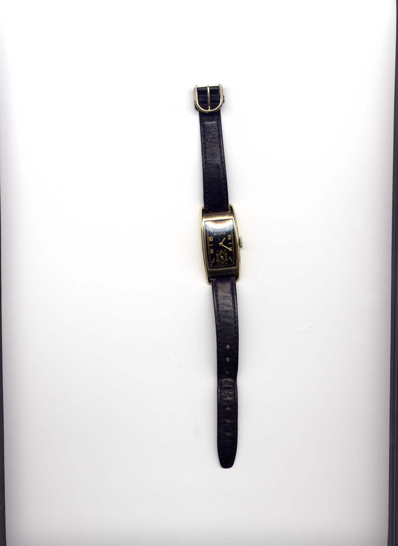 Bulova Black Face Tank 10K Gold Fill Wristwatch