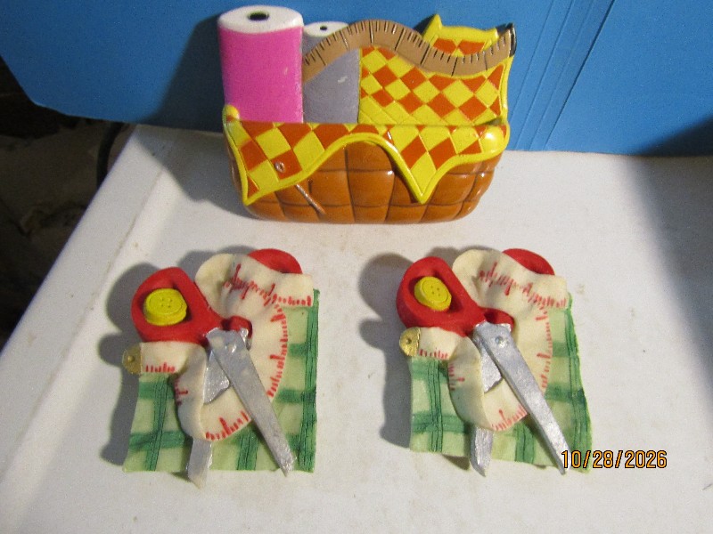 Set of 3 Vintage Resin Sewing Craft Refrigerator Magnets - Sewing Basket & Scissors