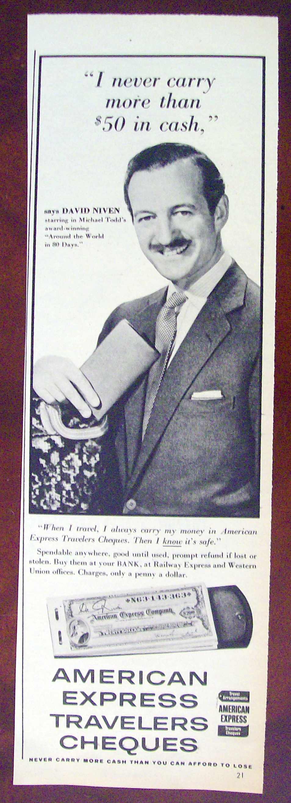 1958 American Express Travelers Cheques w/David Niven