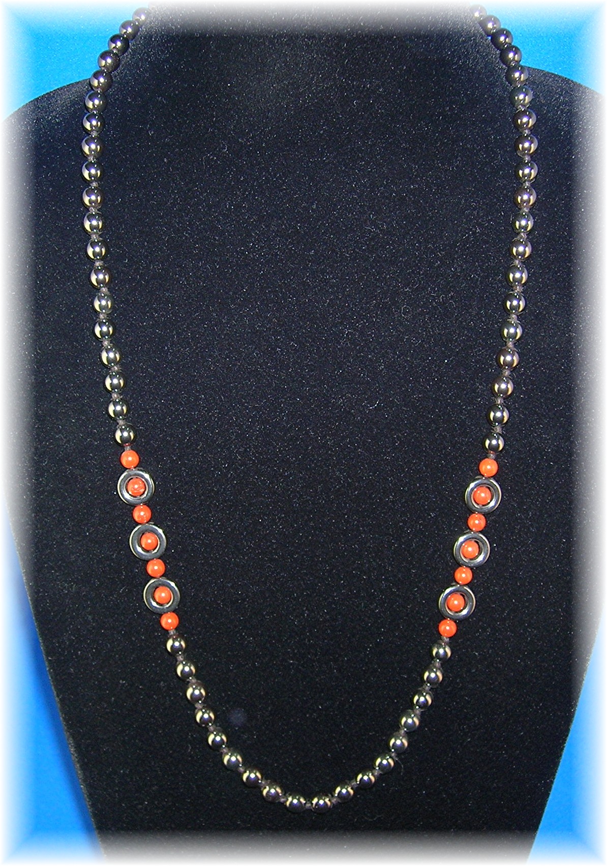 29 Inch Hematite and Carnelian Bead Necklace