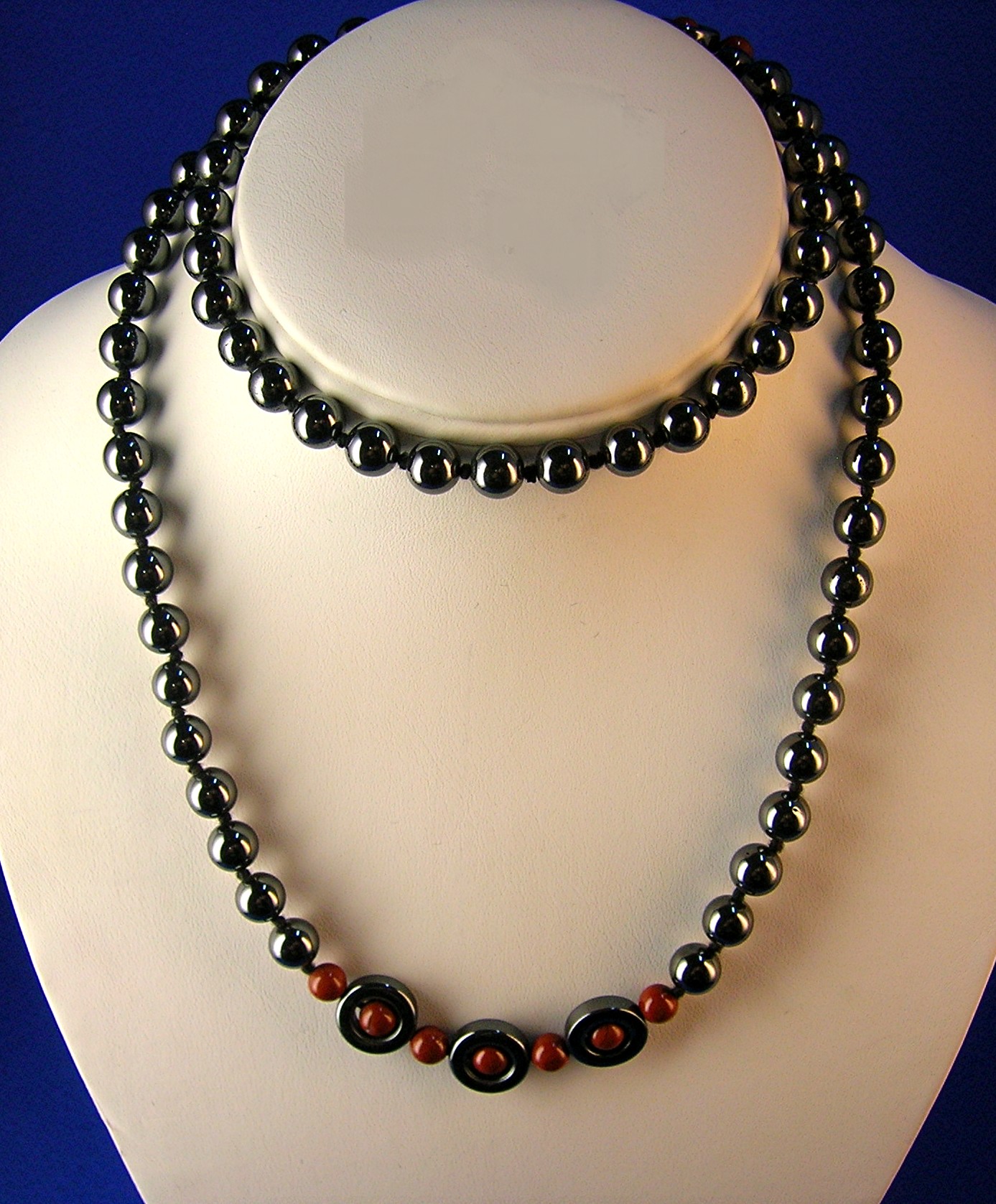 29 Inch Hematite and Carnelian Bead Necklace