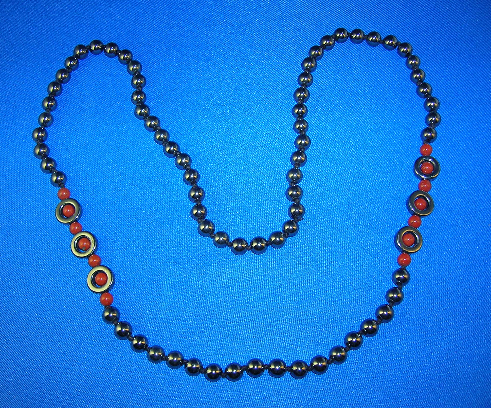 29 Inch Hematite and Carnelian Bead Necklace