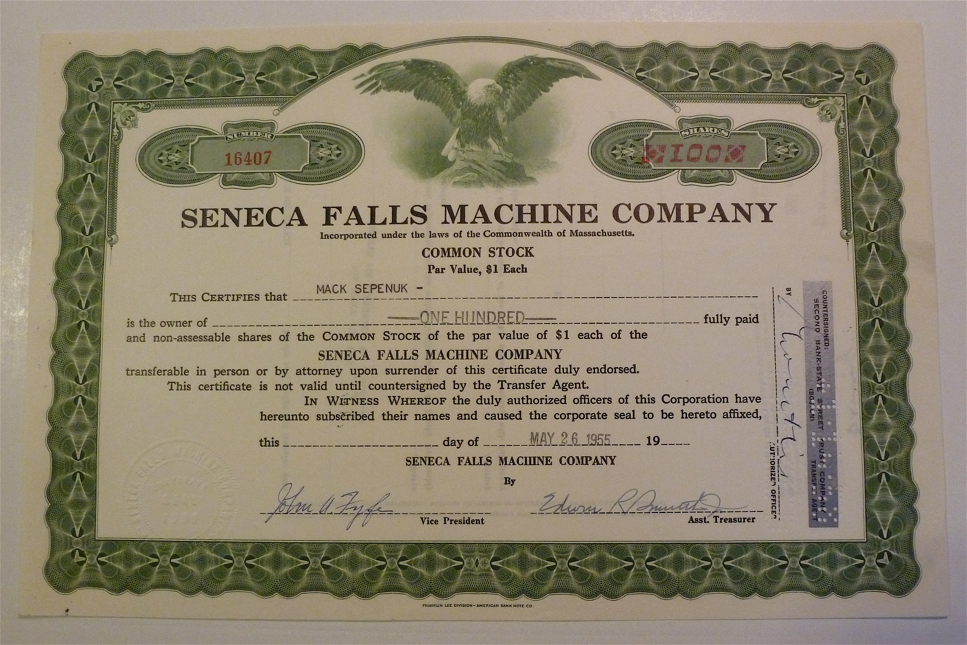 Seneca Falls Machine Company Stock Certificate