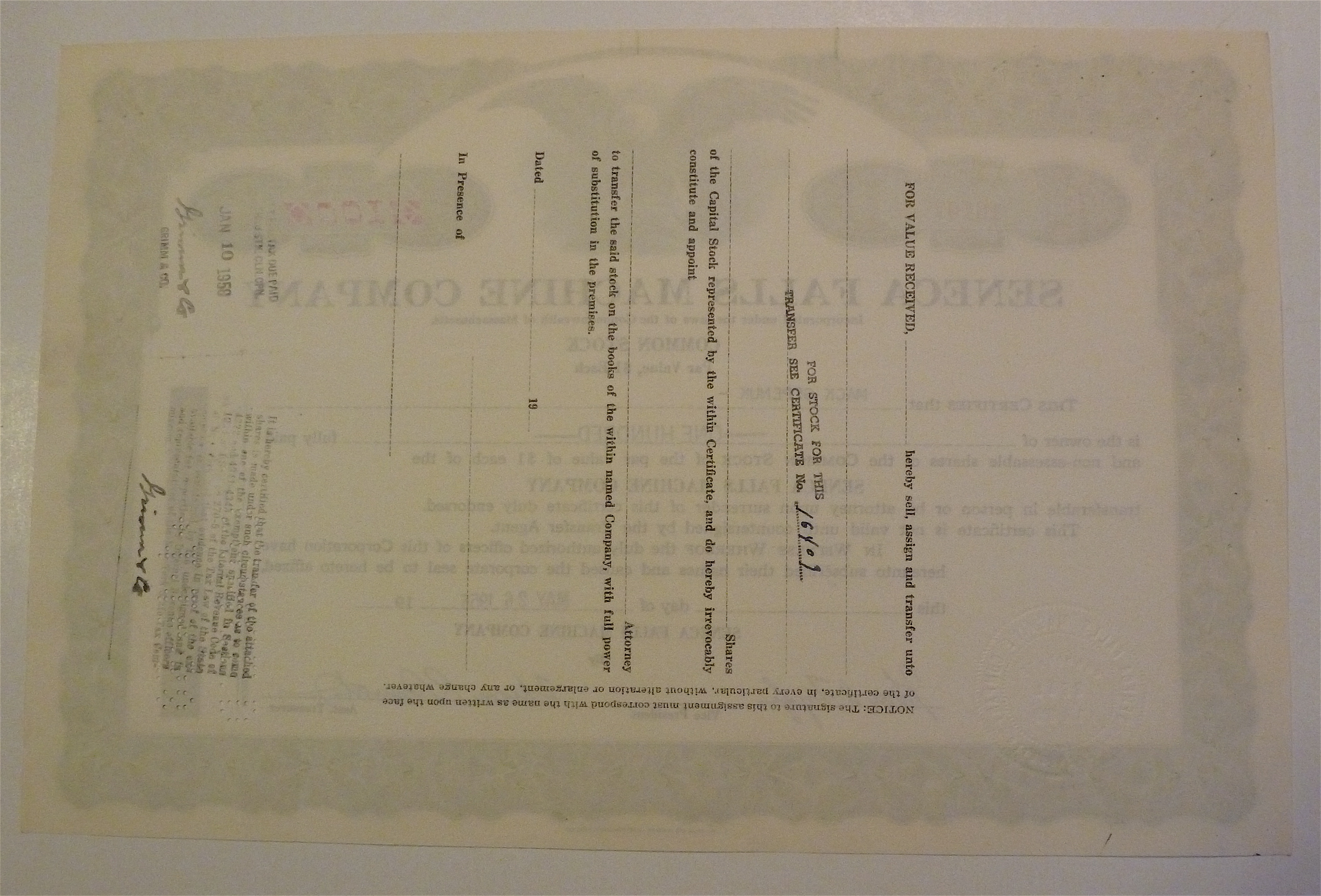 Seneca Falls Machine Company Stock Certificate