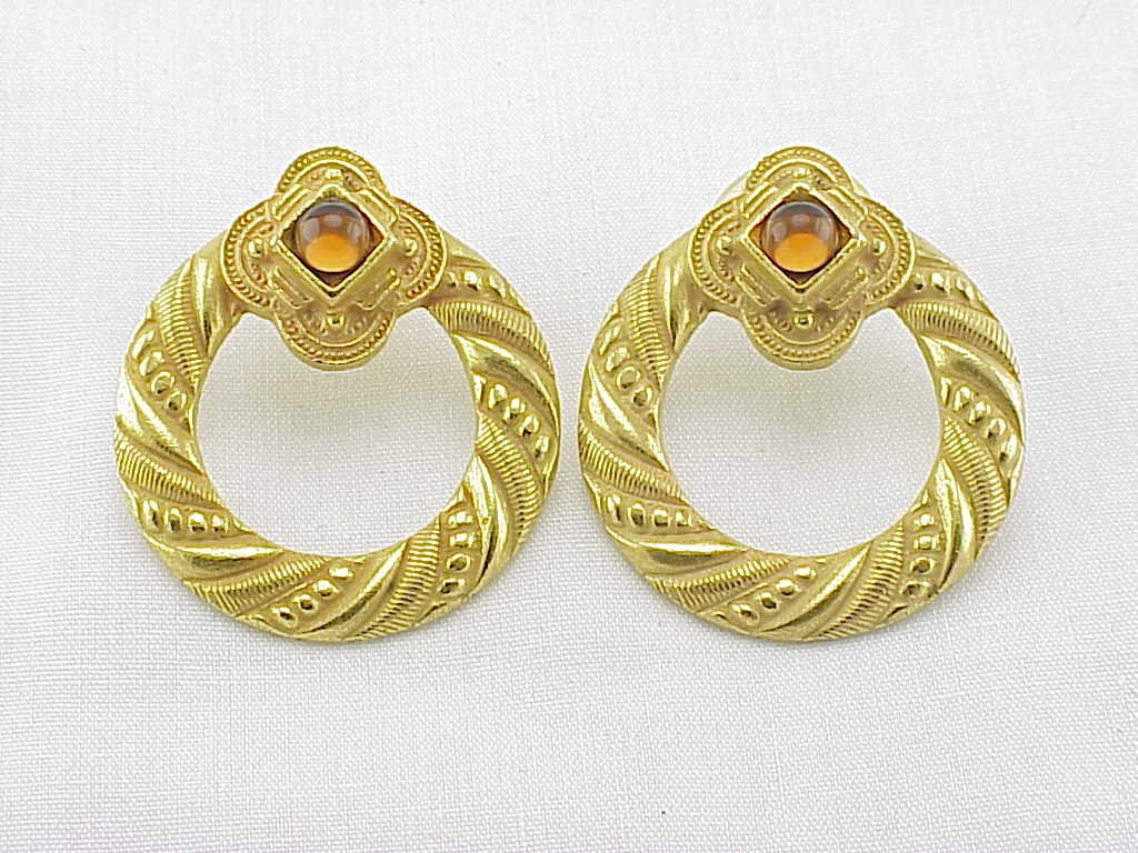 Etruscan Style Gold Tone And Amber Glass Pierced Earrings