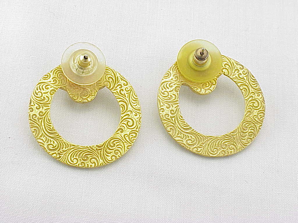 Etruscan Style Gold Tone And Amber Glass Pierced Earrings