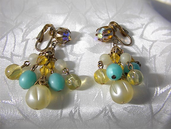 Dangly Clip Earrings Rhinestone and Glass Beads