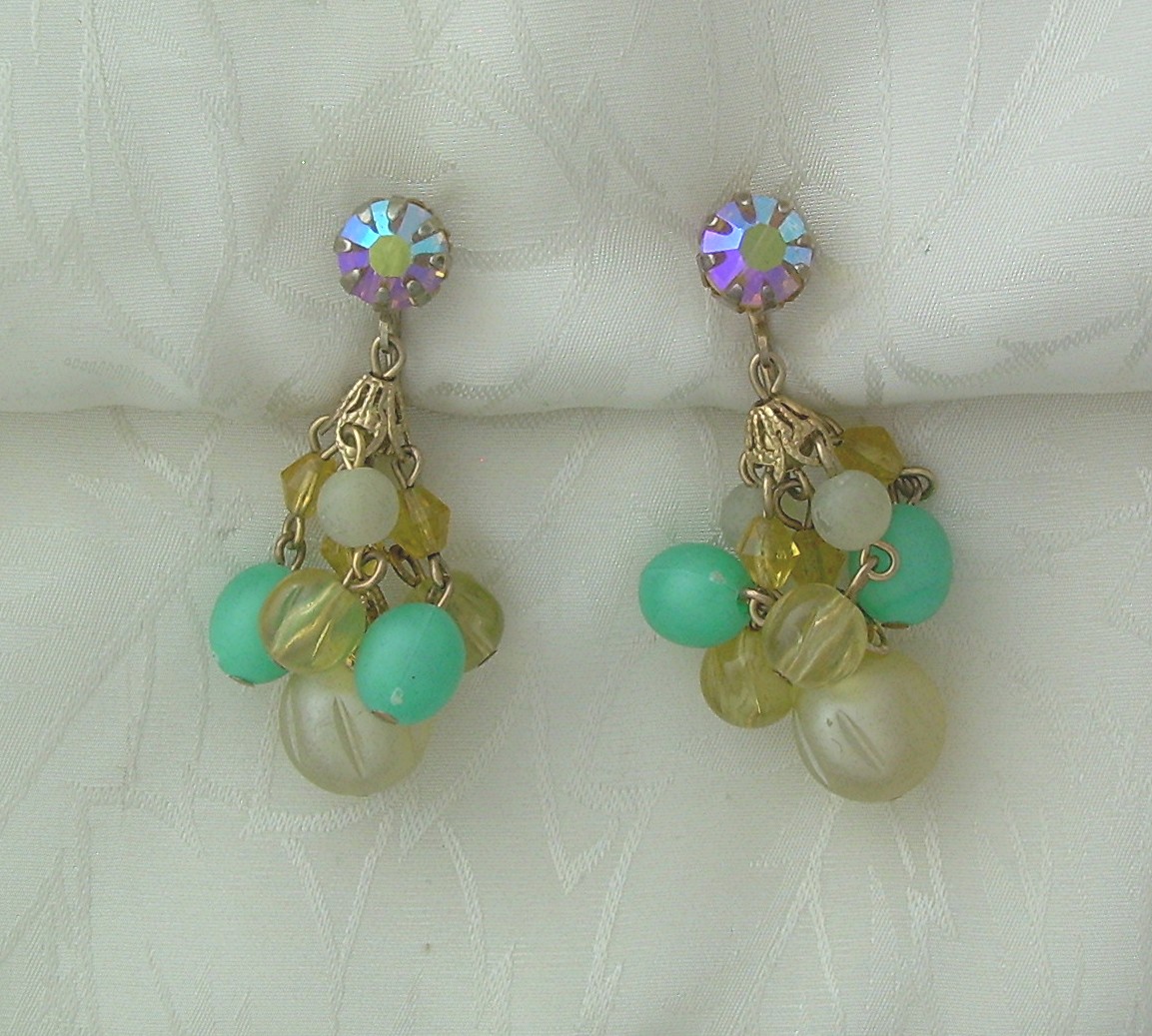 Dangly  Clip Earrings Rhinestone and Glass Beads