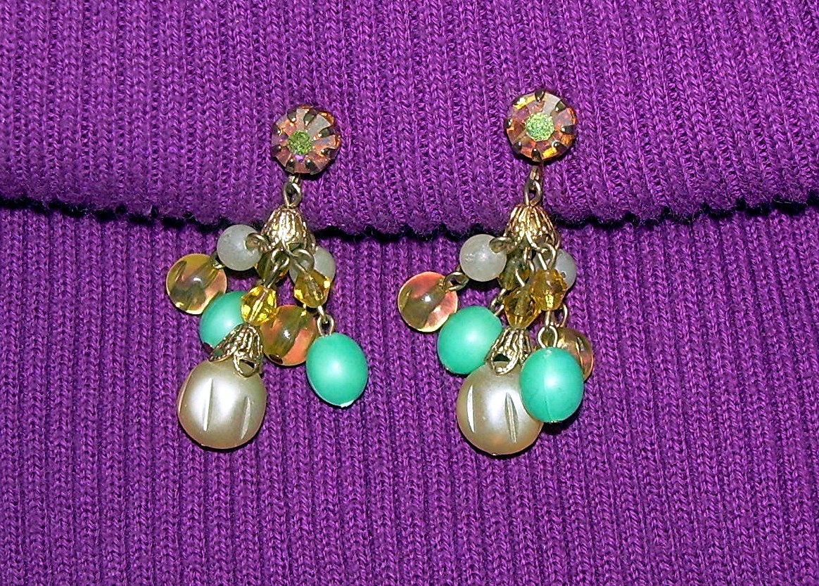 Dangly  Clip Earrings Rhinestone and Glass Beads
