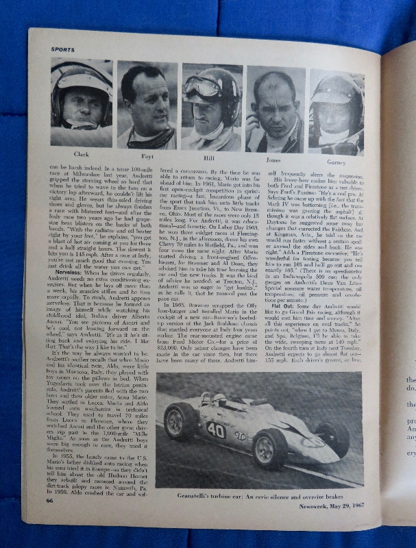 Newsweek Magazine May 29, 1967 The Speed Game: Champion Driver Mario Andretti