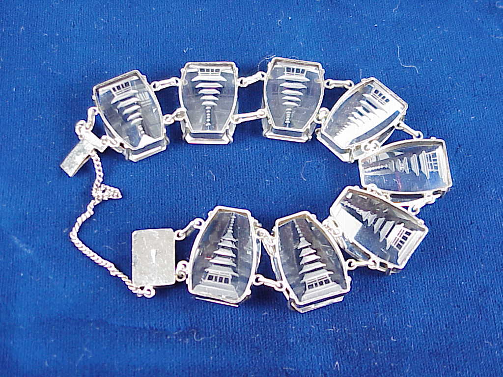 Vintage Japan Carved Rock Crystal Sterling Silver Pagoda Bracelet