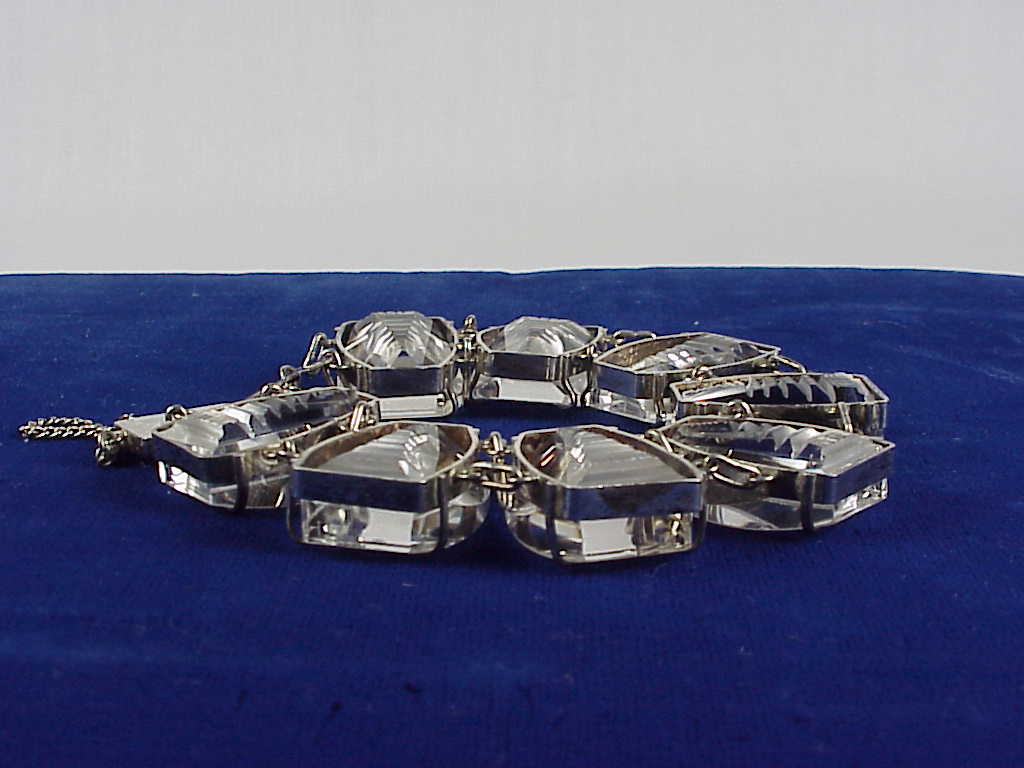 Vintage Japan Carved Rock Crystal Sterling Silver Pagoda Bracelet