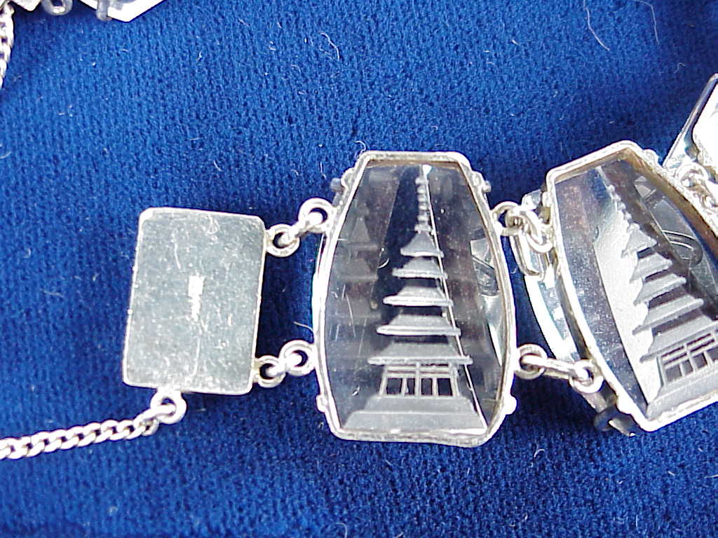 Vintage Japan Carved Rock Crystal Sterling Silver Pagoda Bracelet