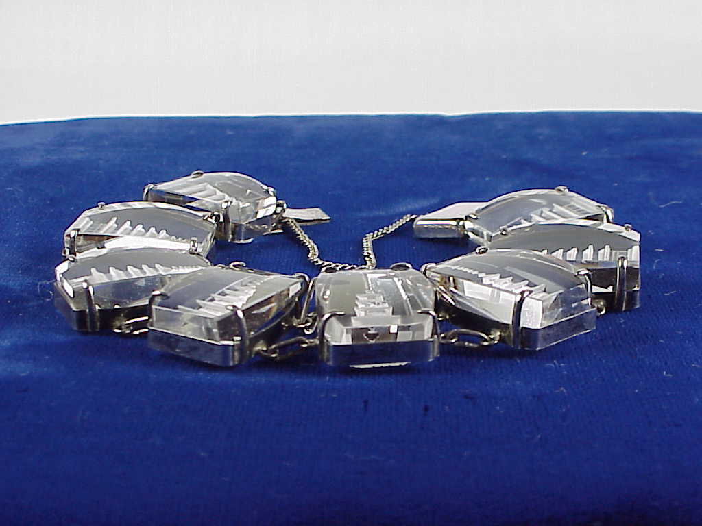 Vintage Japan Carved Rock Crystal Sterling Silver Pagoda Bracelet
