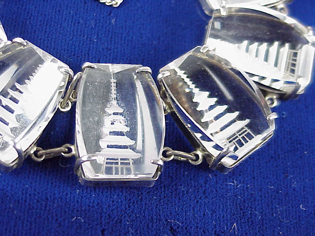 Vintage Japan Carved Rock Crystal Sterling Silver Pagoda Bracelet