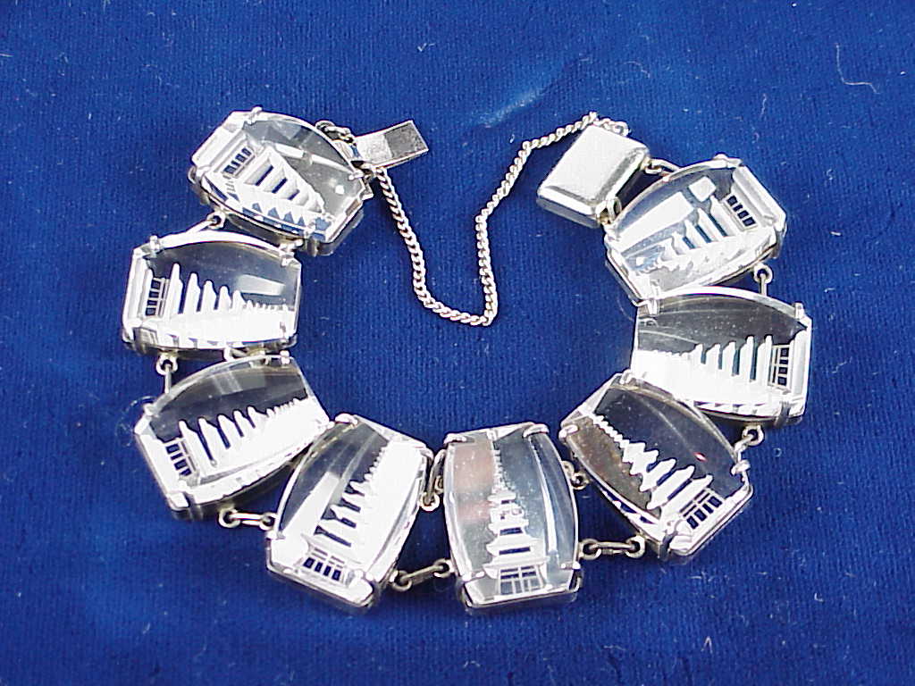 Vintage Japan Carved Rock Crystal Sterling Silver Pagoda Bracelet