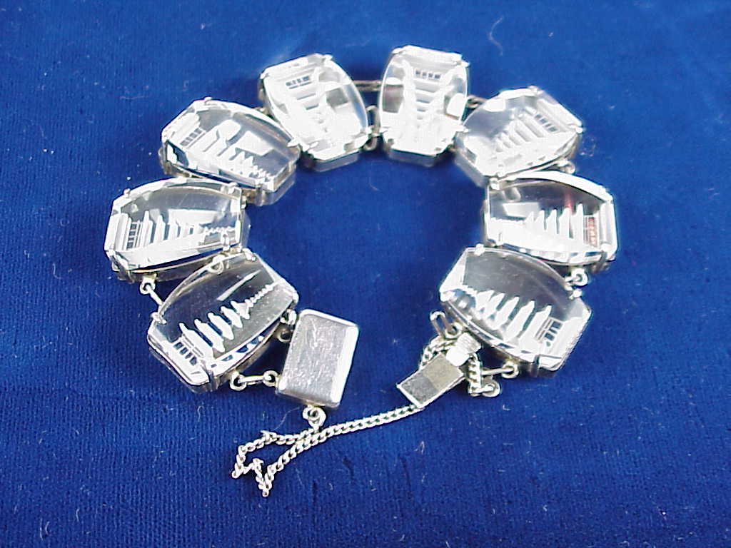Vintage Japan Carved Rock Crystal Sterling Silver Pagoda Bracelet