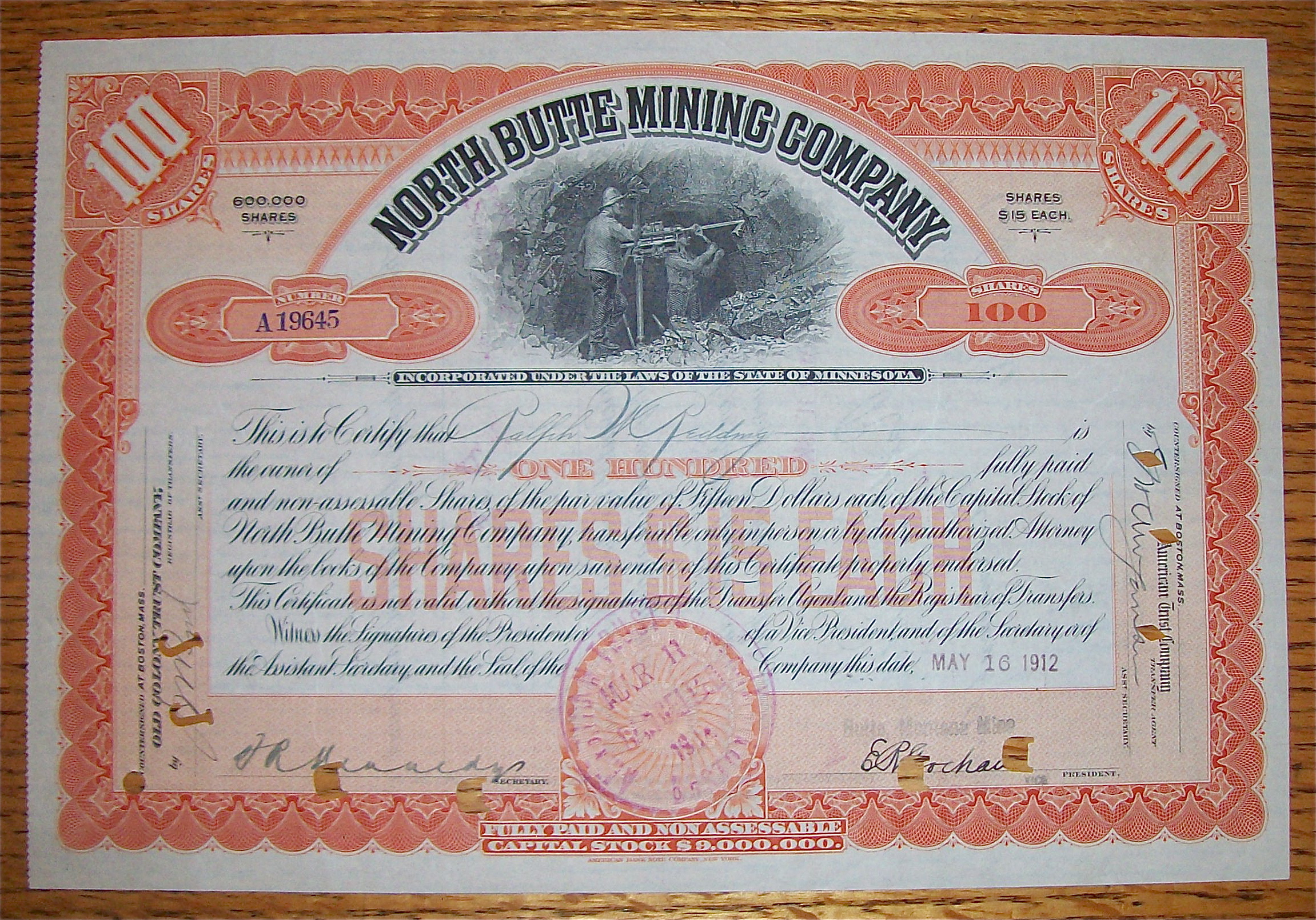 1912 North Butte Mining Company Stock Certificate