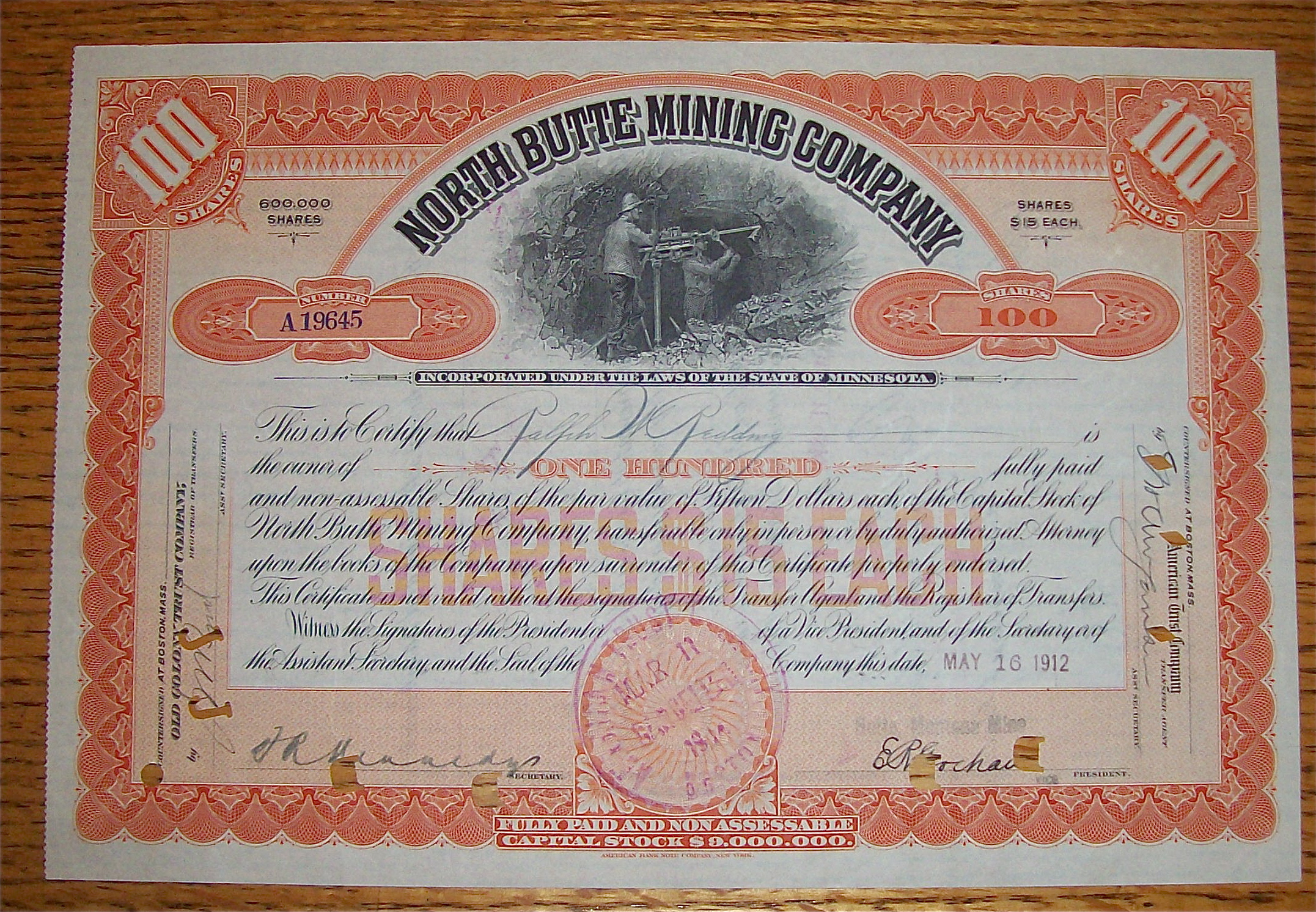 1912 North Butte Mining Company Stock Certificate
