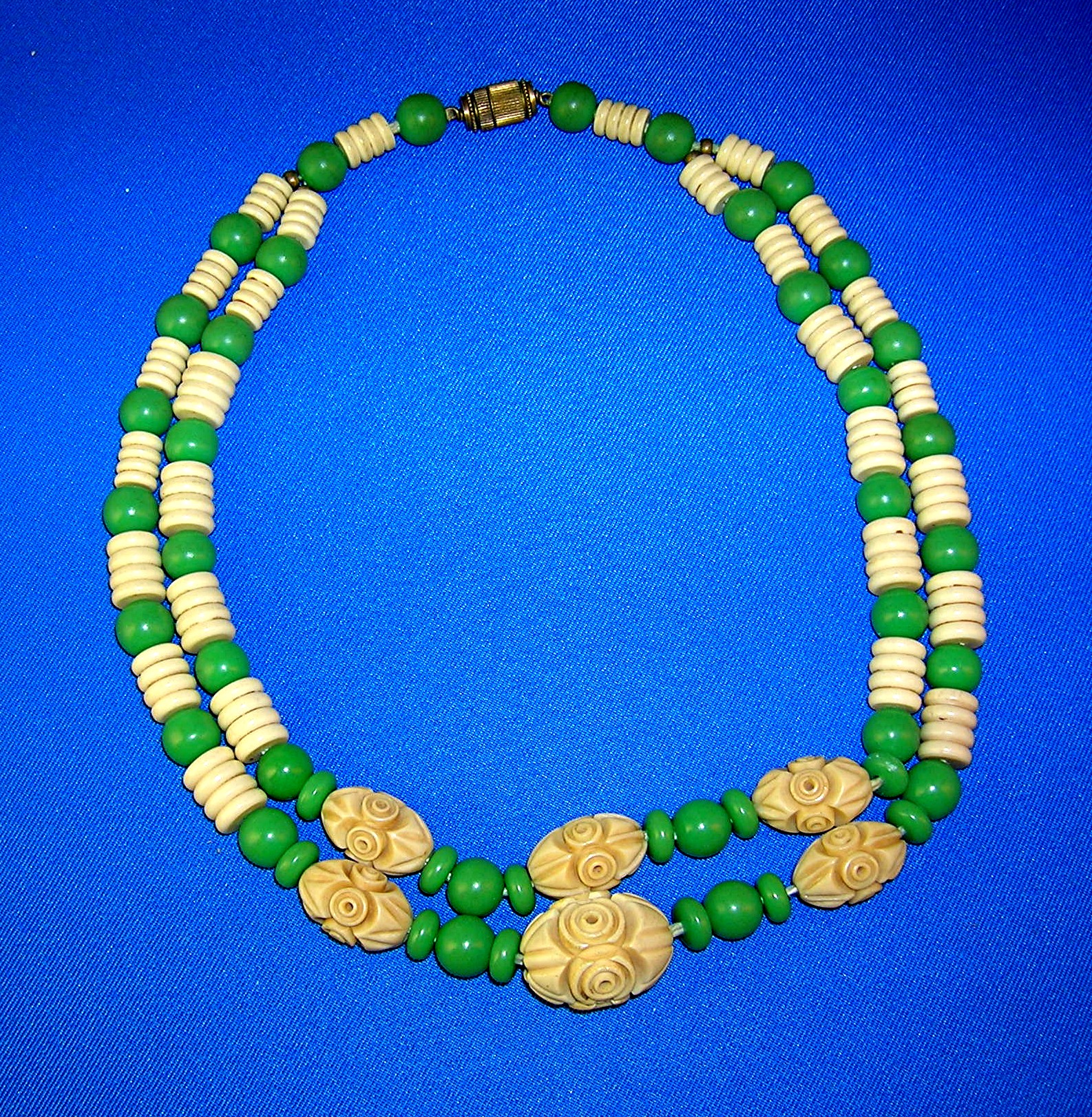 Necklace, carved Plastic Lucite, 2 strand