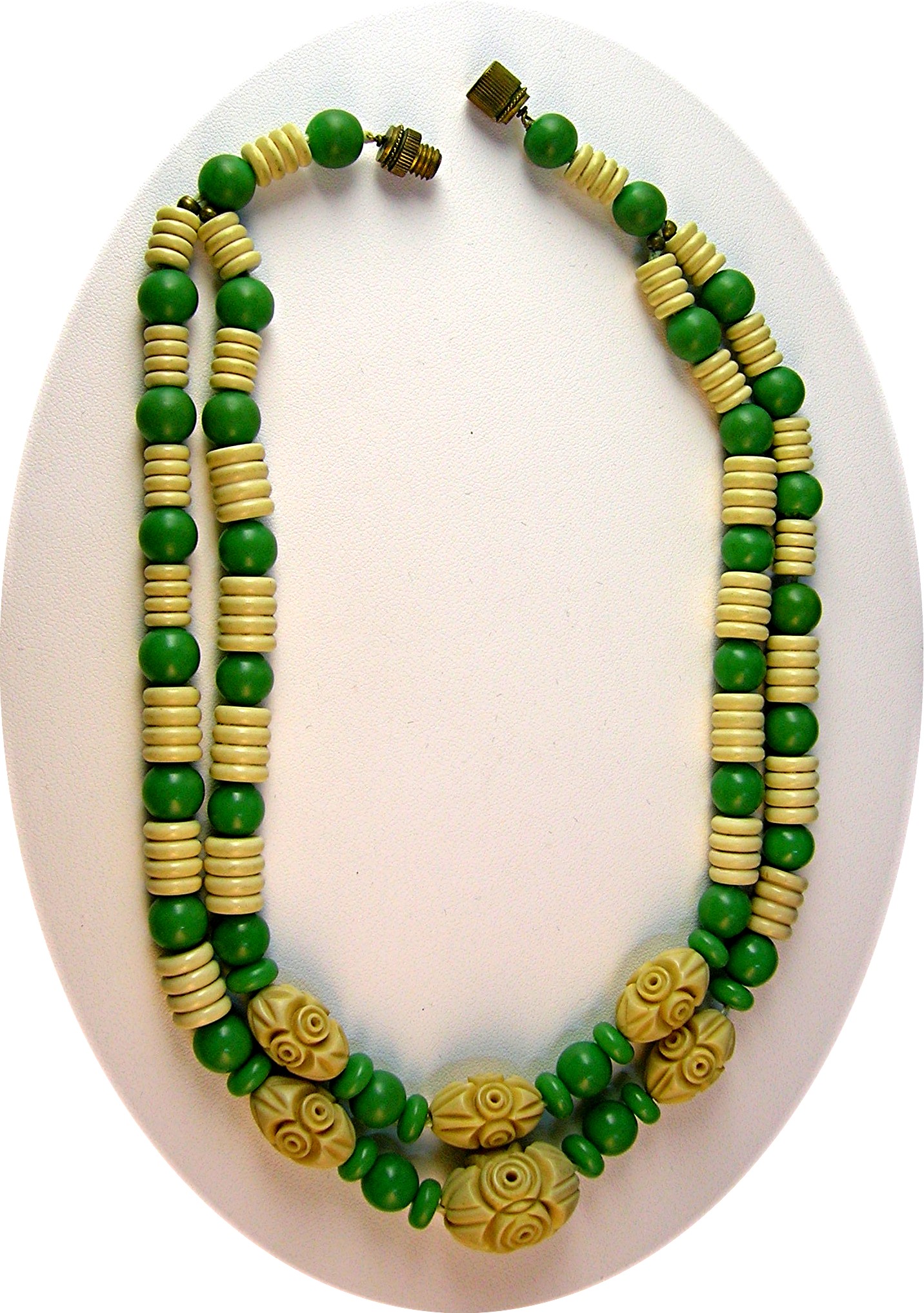Necklace, carved Plastic Lucite, 2 strand