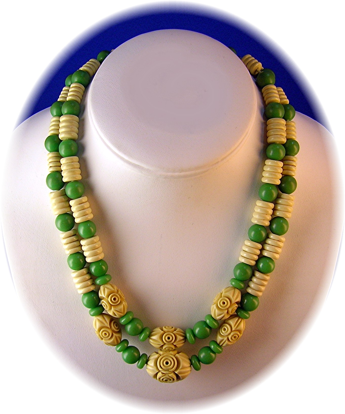 Necklace, carved Plastic Lucite, 2 strand