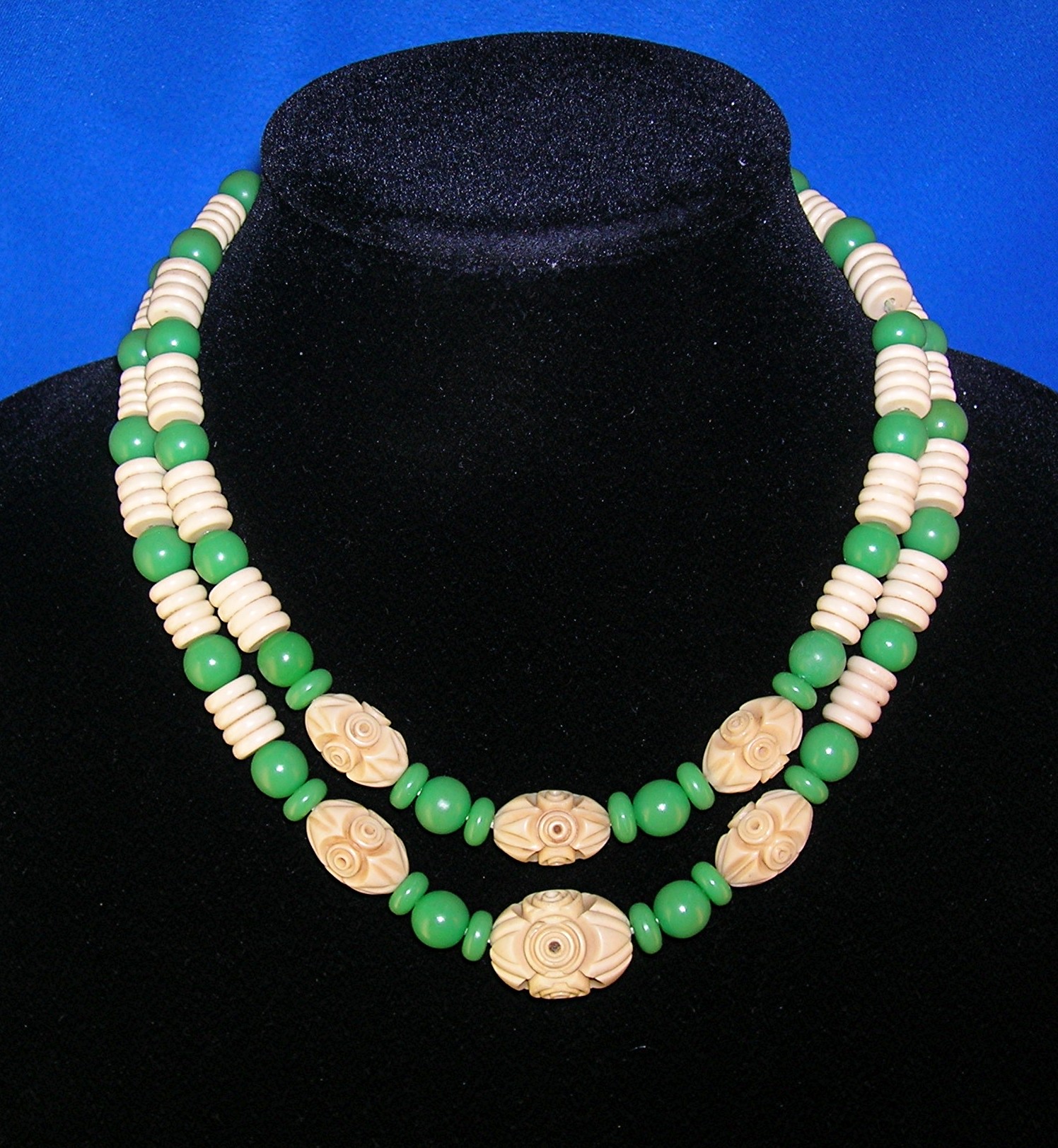 Necklace, carved Plastic Lucite, 2 strand