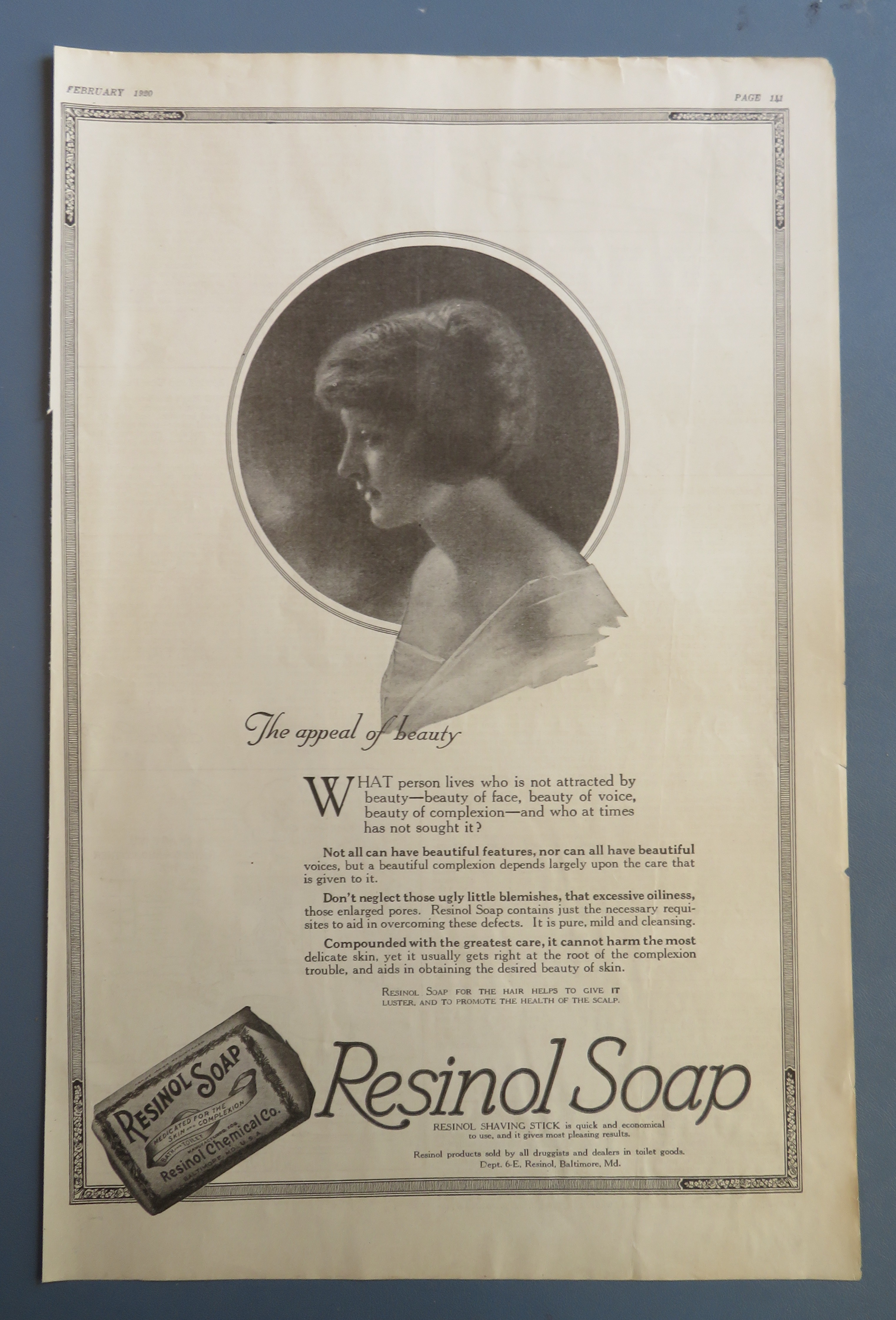 1920 Resinol Soap with Lovely Side View Of Woman