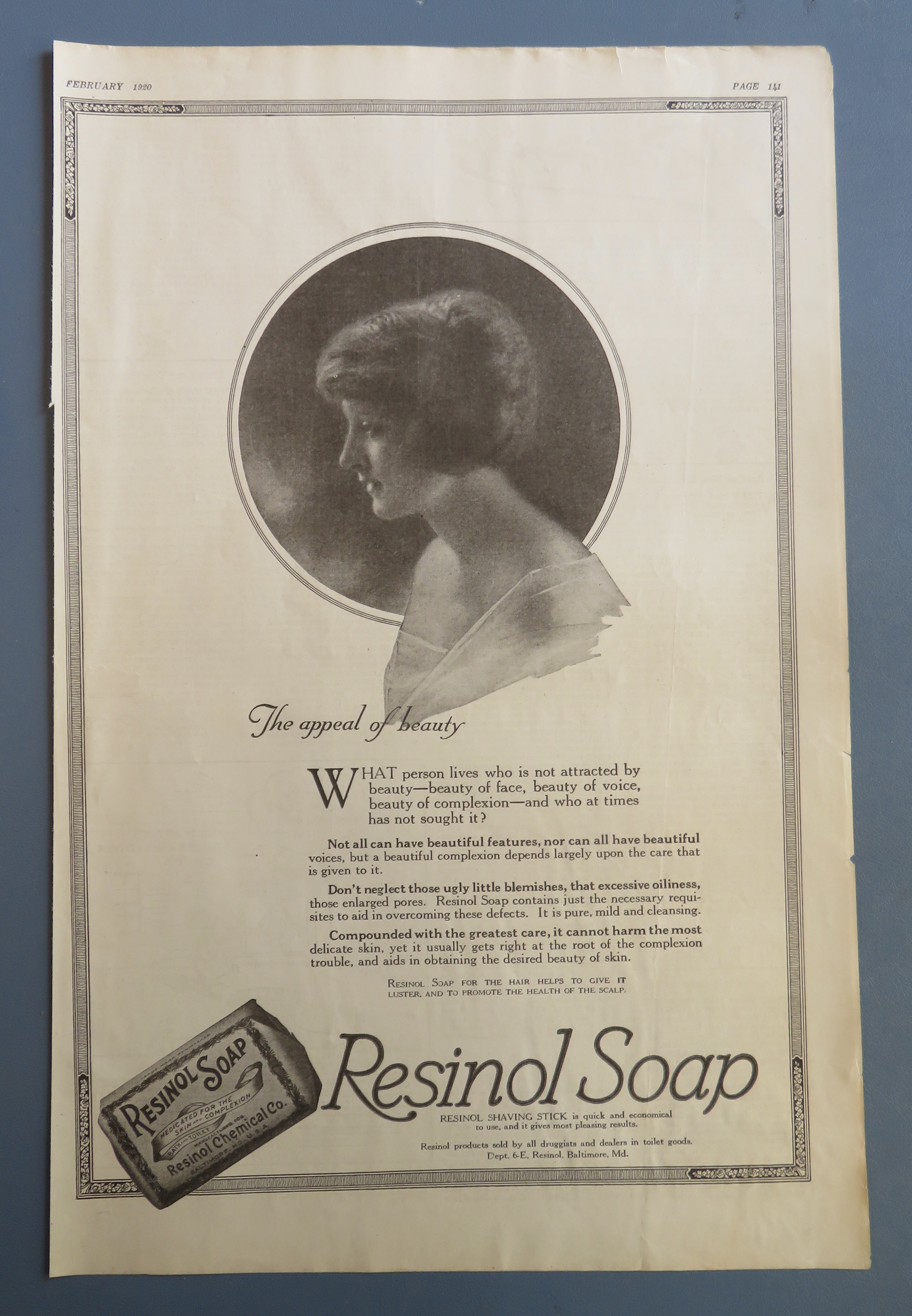 1920 Resinol Soap with Lovely Side View Of Woman