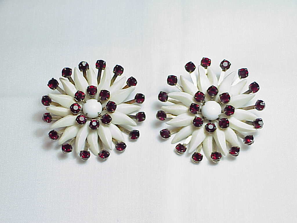 Vintage Large Dark Red Rhinestone Flower Clip Earrings