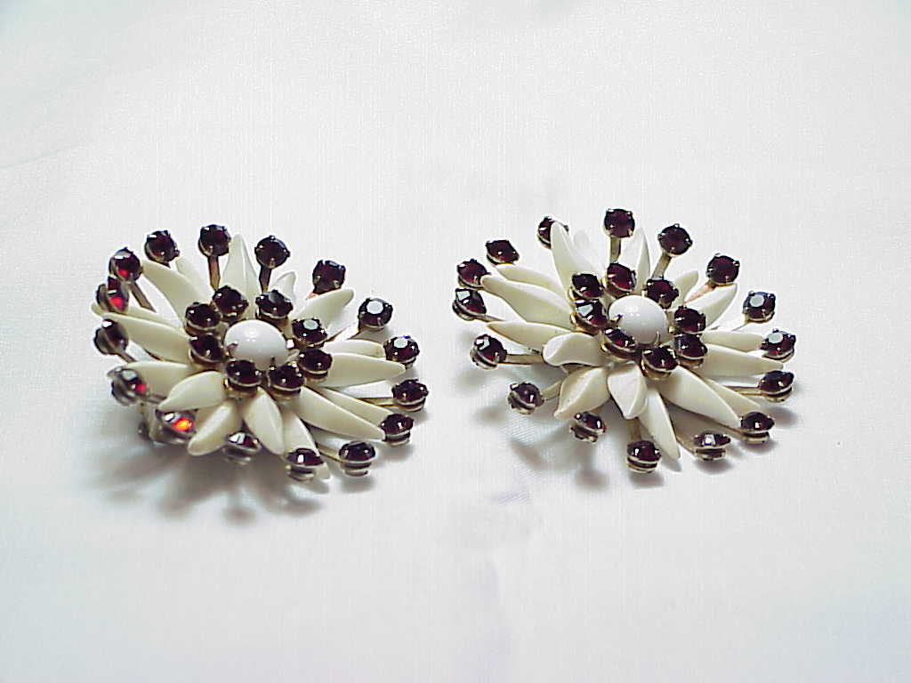 Vintage Large Dark Red Rhinestone Flower Clip Earrings