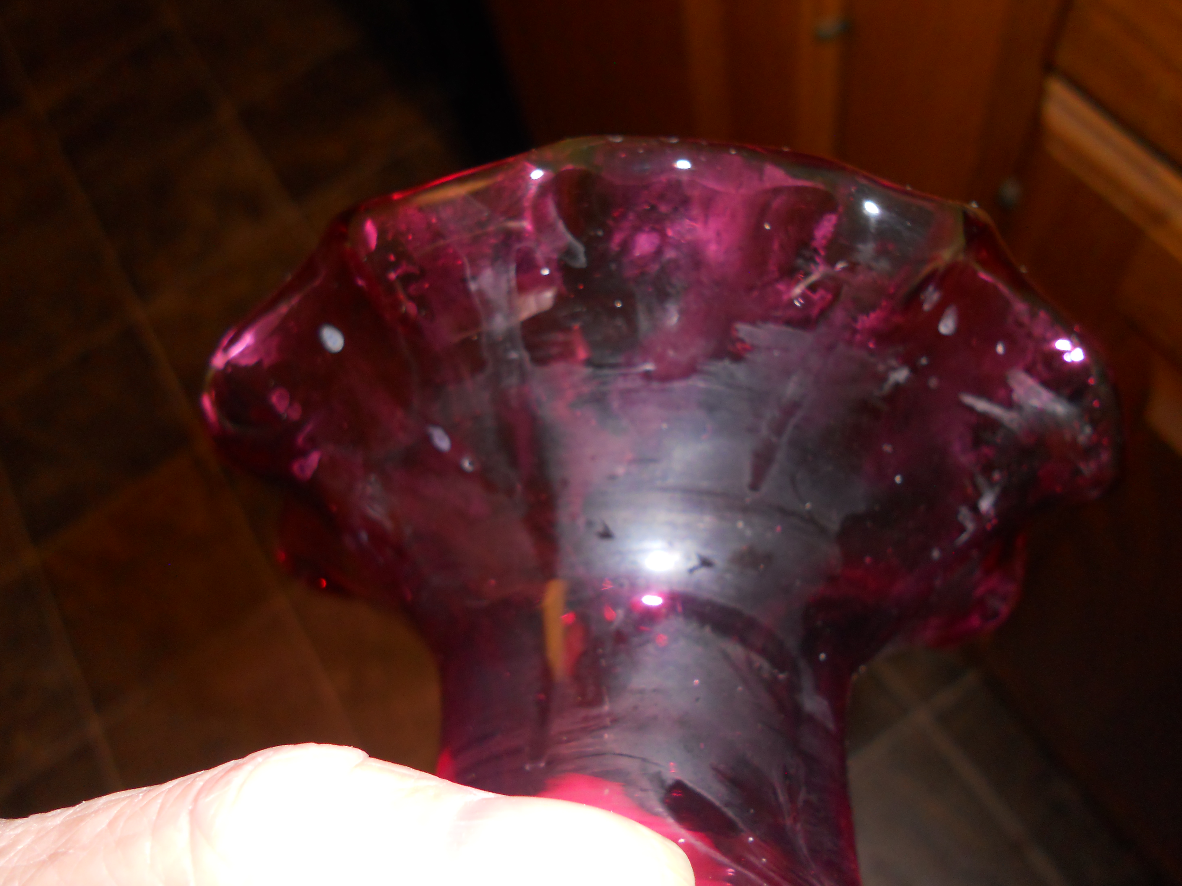 Cranberry Glass Vase with Hearts Ruffled Rim