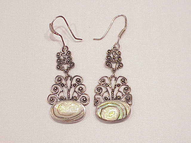 Dangling Sterling Silver Filigree And Abalone Pierced Earrings