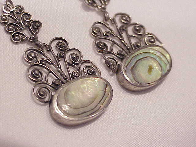Dangling Sterling Silver Filigree And Abalone Pierced Earrings