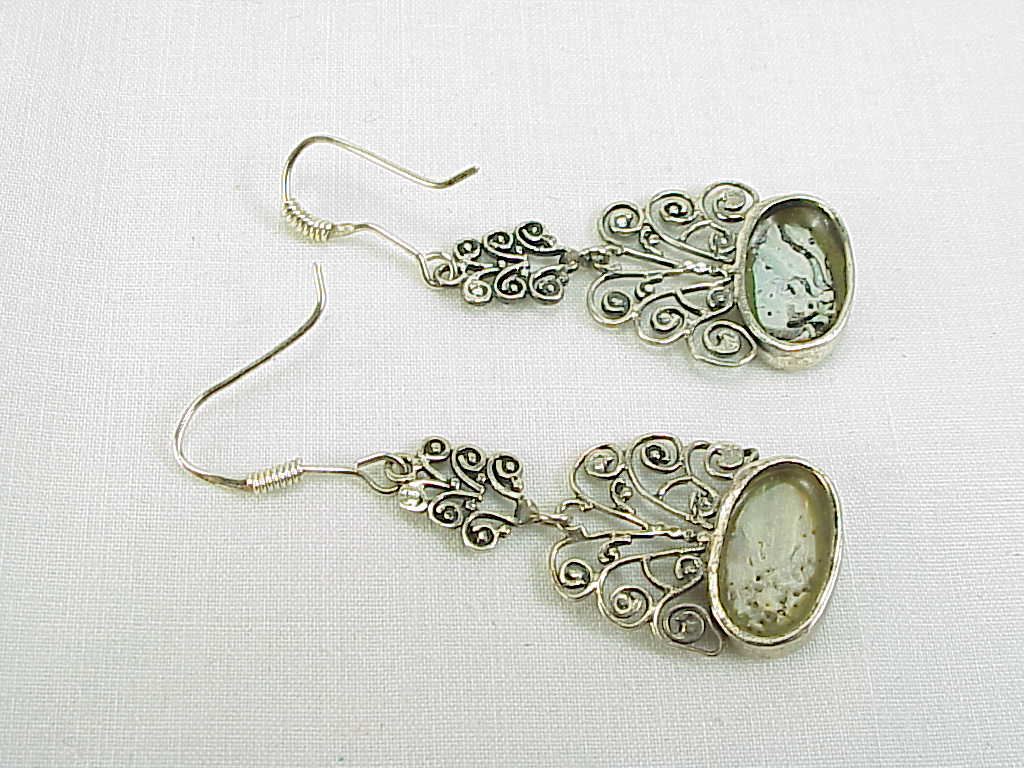 Dangling Sterling Silver Filigree And Abalone Pierced Earrings