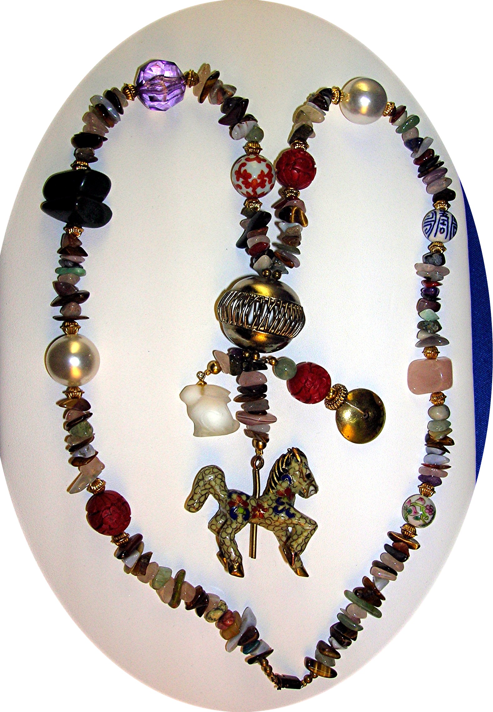 Necklace  Cinnabar Rose Quartz Porcelain Cloisinee Luci