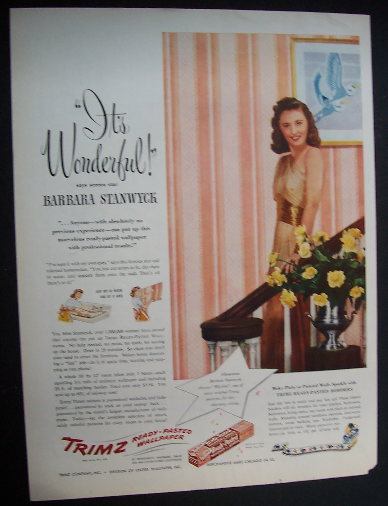1946  Trimz Ready-Pasted Wallpaper w/ Barbara  Stanwyck