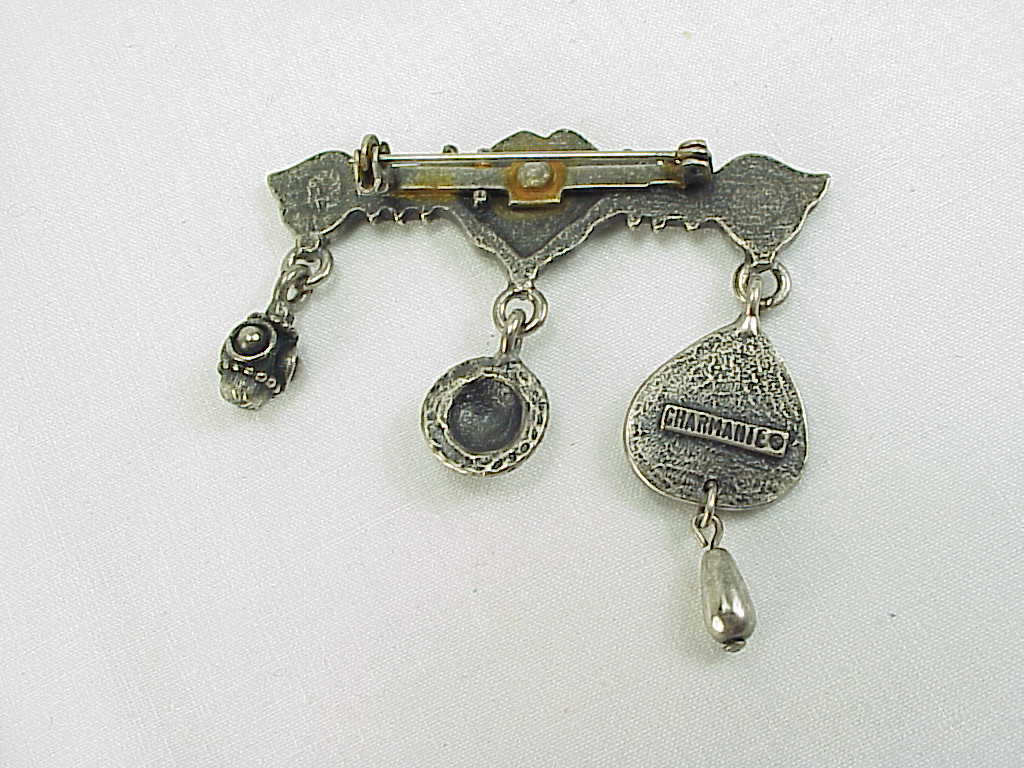 Silver Tone Brooch With Dangling Pieces Signed Charmante