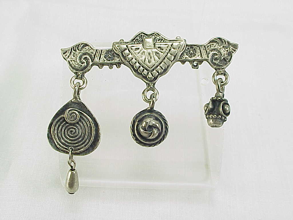 Silver Tone Brooch With Dangling Pieces Signed Charmante
