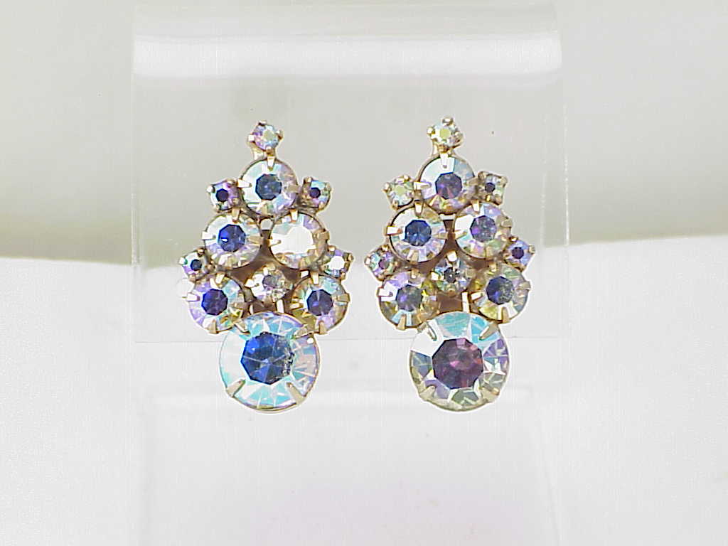 Vintage Aurora Borealis Rhinestone Clip Earrings